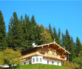 <p>Das Bauernhaus Reichwand auf einem Hügel, umgeben von grünen Bäumen. Der Himmel ist klar und blau.</p>