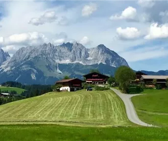 Eine malerische Landschaft mit grünen Wiesen und traditionellen Häusern. Im Hintergrund erheben sich beeindruckende Berge unter einem blauen Himmel.